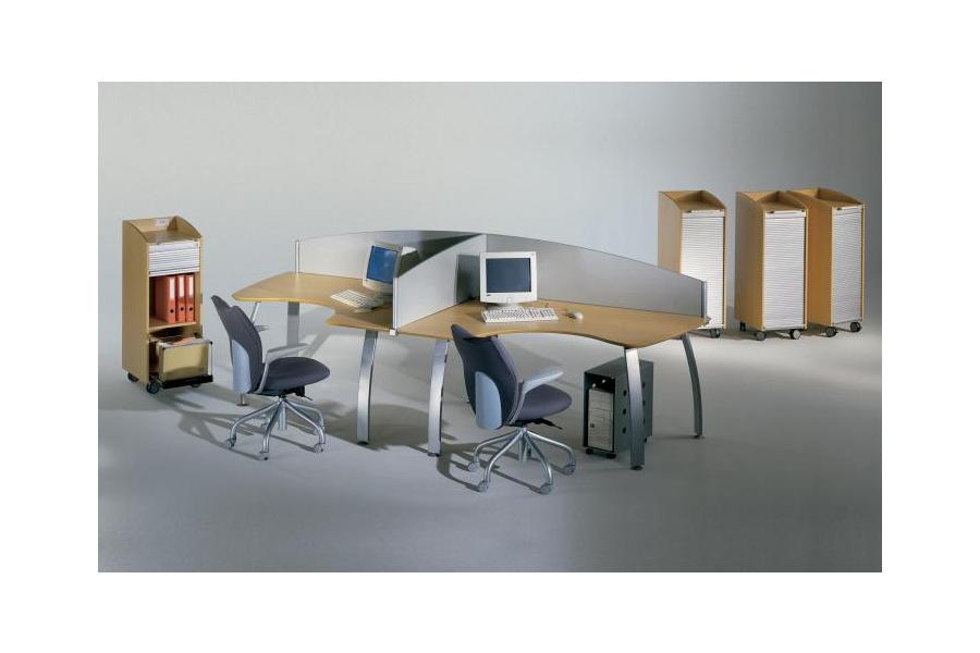 Ultima - Beech Crescent Desks with Silver MFC Screens and Mobile Storage